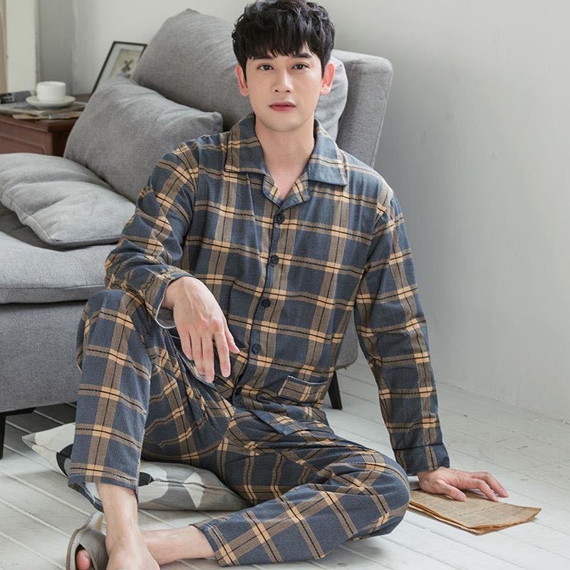 100% pijamas de algodón de los hombres de manga larga de primavera y otoño traje de hombre homewear se puede usar invierno casual más tamaño