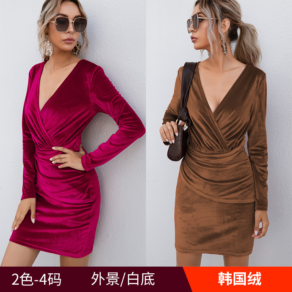 2020爆款跨境亚马孙跨境金丝绒长袖包臀V领性格修身连衣裙 女
