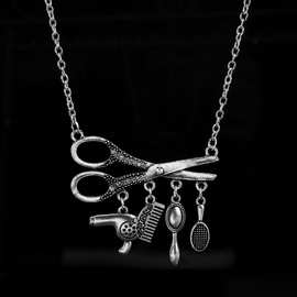 速卖通热卖 洗剪吹项链 发型师理发师吹风机梳子剪刀吊坠项链配饰