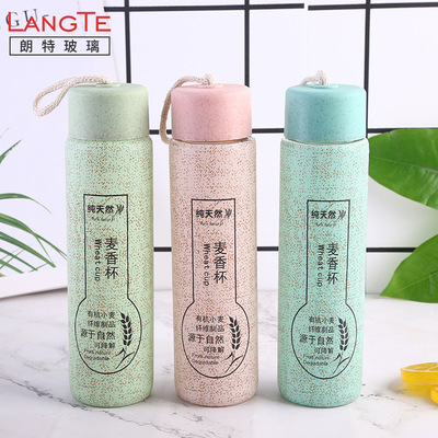 地推赠品 玻璃杯水杯 网红覆膜麦香杯 广告开业礼品杯 提绳随手杯