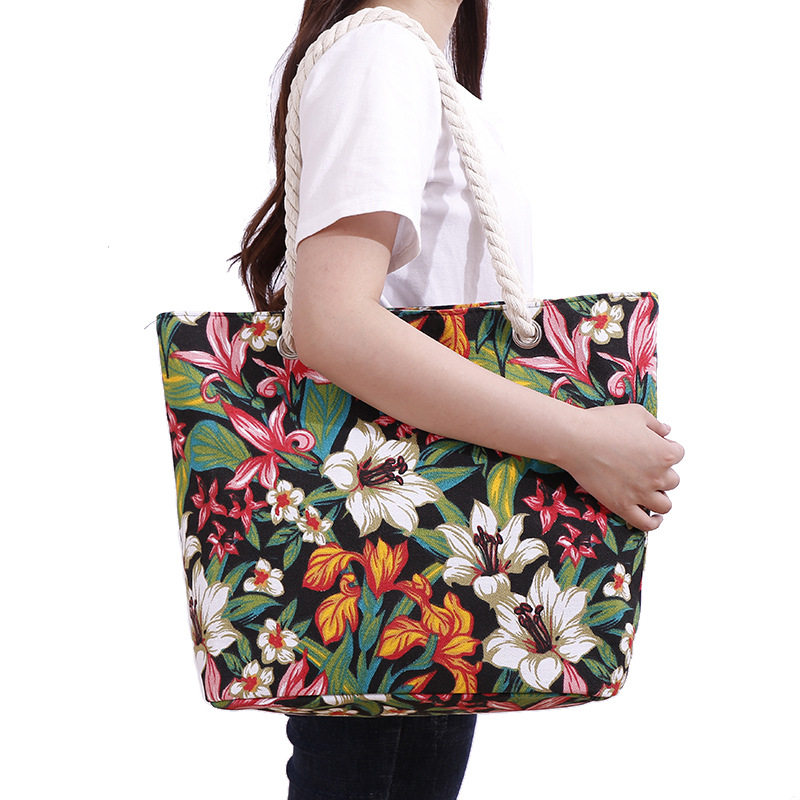 Beach Style Large Size Women's Large Cotton Flower Beach Open Shoulder Bag