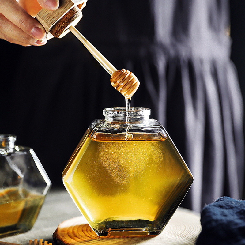 六棱蜂蜜罐高档扁方形玻璃瓶密封罐木盖搅拌棒现货批发透明蜂蜜瓶