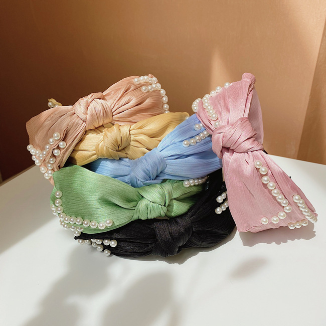 Korea's Pearl Bowknot Wide-brimmed Hairband Folds New Fashion Color Cloth Headband Hair Bundle Wholesale Nihaojewelry display picture 15