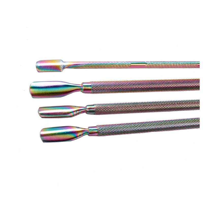 Cross-border dedicado empuje de acero de 4 piezas de acero inoxidable piel muerta empuje color titanio pequeño empuje de acero pala de piel muerta caja de herramientas de manicura