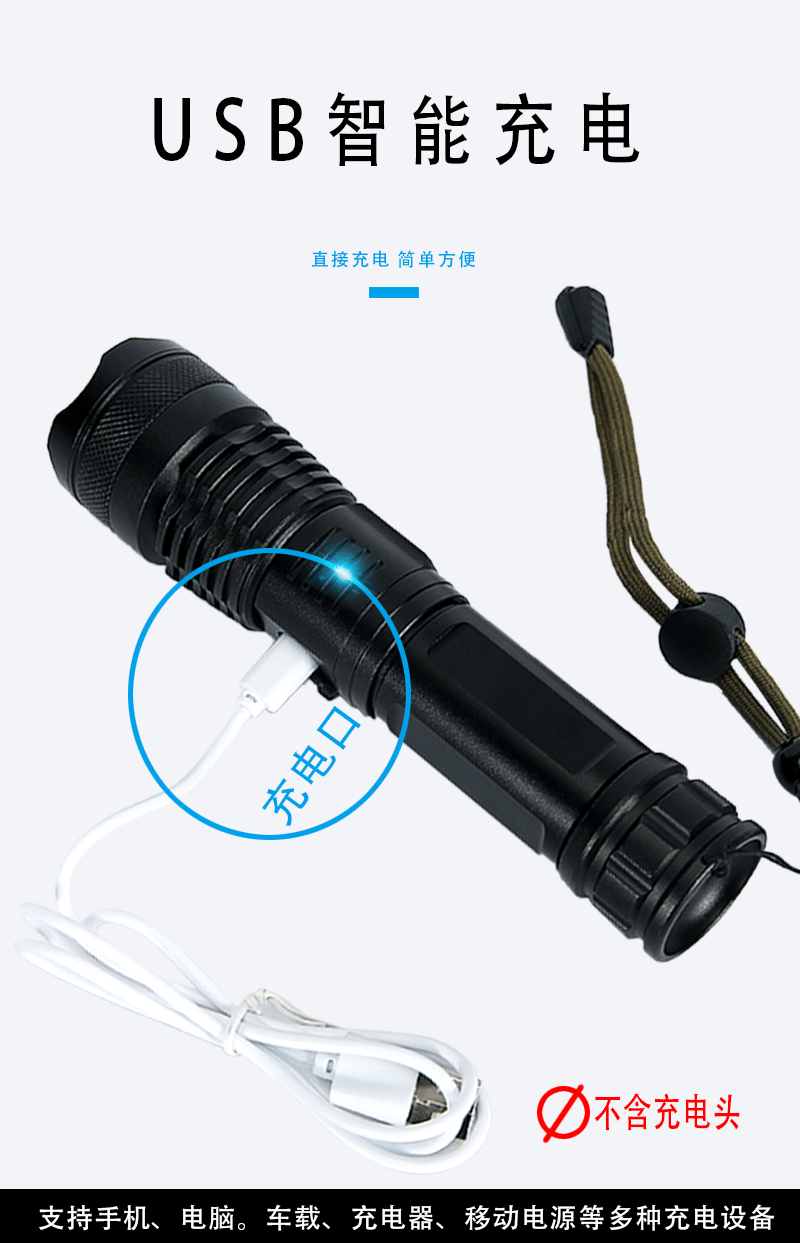Cross-border bestseller USB flashlight, outdoor aluminum alloy strong light flashlight, new battery display flashlight gift wholesale pic 5