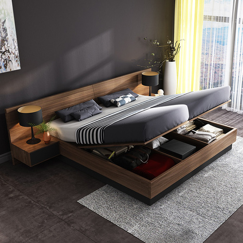 Japanese-style storage bed with minimalist master bedroom, 1.8-meter double wooden bed, Nordic apartment homestay tatami board bed