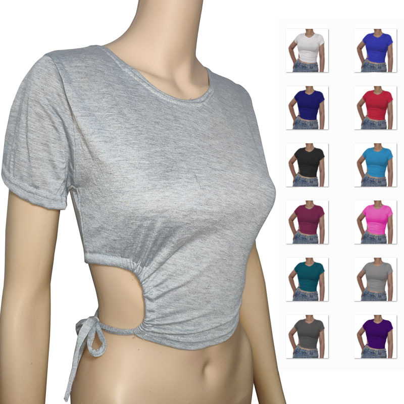 Cross-border 21017p hem C- shaped shrink T-shirt women's spring and summer new solid color fresh sweet wind lace-up short sleeve women's top