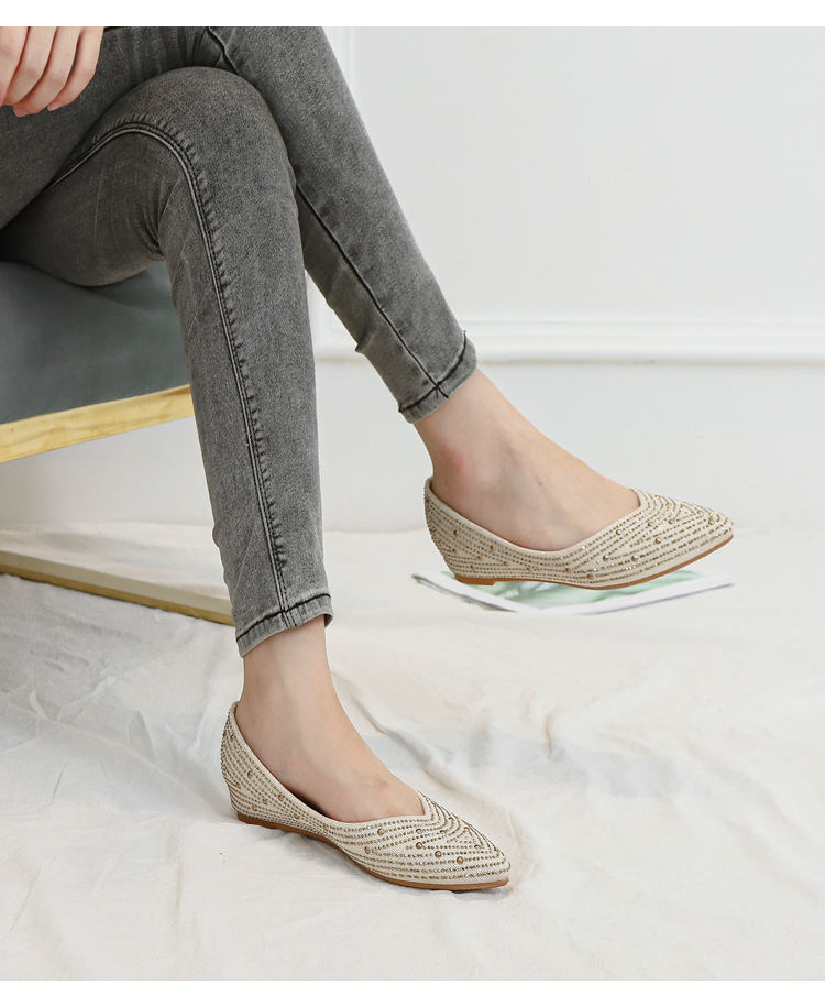 2024 vår/sommar med spetsig grund mun, kvinnors inre förhöjda skor med diamantslutande klackar, bekväma bönaskor, platta skor_voghion.com