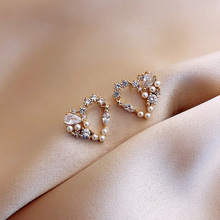 925銀針網紅氣質鑲鑽珍珠耳環新款潮復古法式簡約鏤空愛心耳釘629