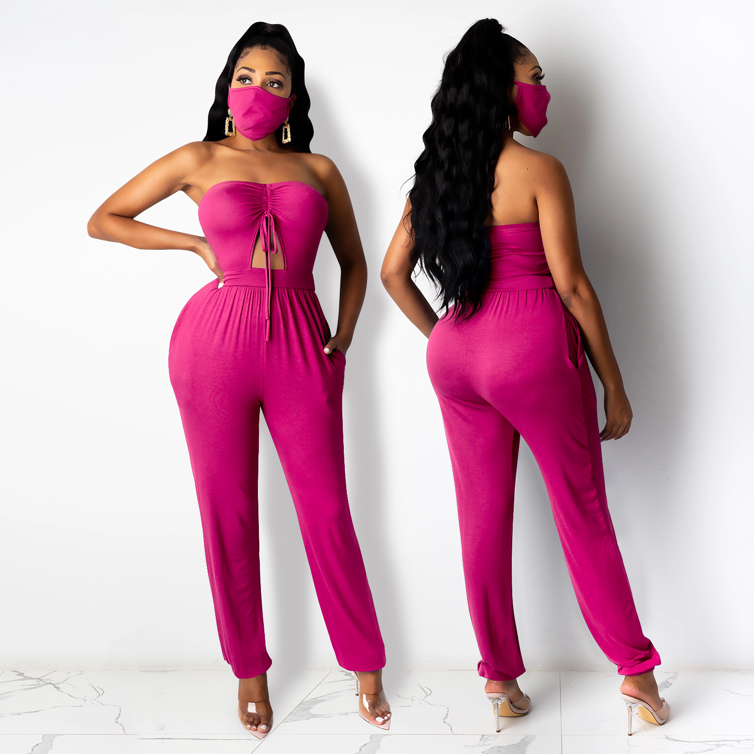 Sexy Sleeveless Tube Top Tight Drawstring Jumpsuit (Including Mask) NSXYZ100490