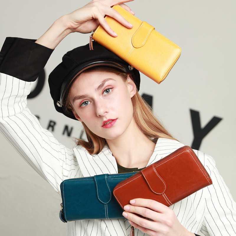 新款2022女士手拿钱包 时尚纯色搭扣多卡位容量拉链钱包女