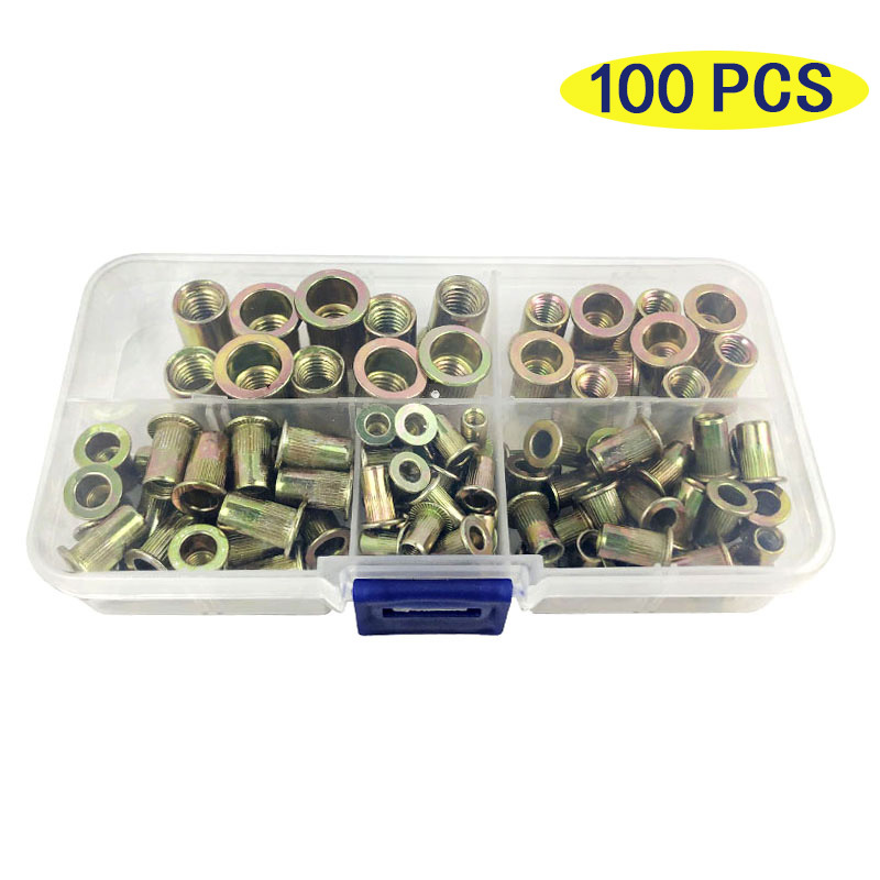 En caja de 100 piezas de color plateado tuerca de remache de zinc M3/M4/M5/M6/M8 cabeza plana tuerca de grano vertical