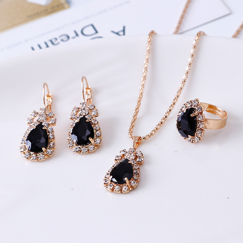 New European and American water drop shiny rhinestone necklace earrings ring set bridal jewelry three-piece set factory direct sale