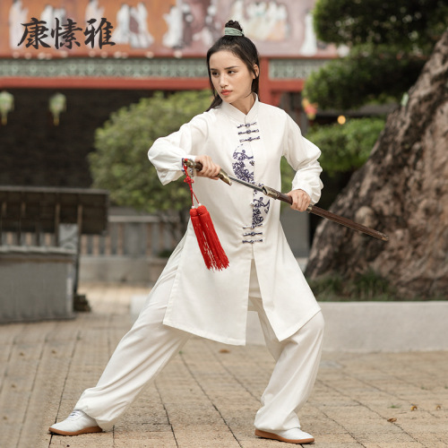 Women's loose martial arts clothes adult thickened warm Taifu men's long sleeve printed morning exercise Kungfu clothes