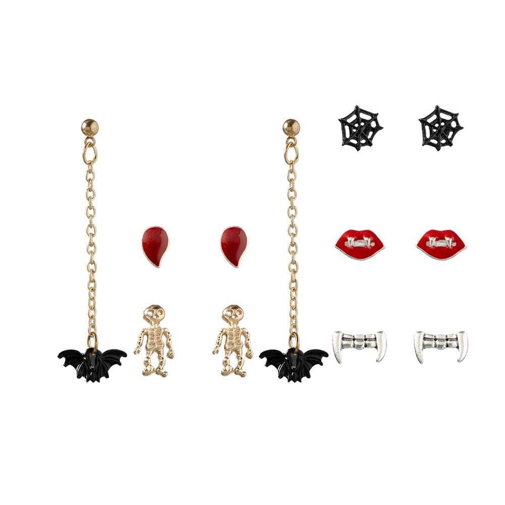 Halloween Spoof Series Spider Web Blood Lips Bat Long Tassel Earrings 6 Piece Set display picture 1