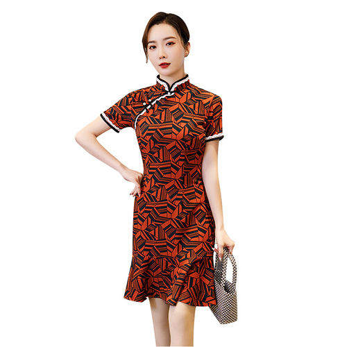 Chinese Dress Qipao for women Retro standing collar fishtail skirt cheongsam dress Qing Qipao dress