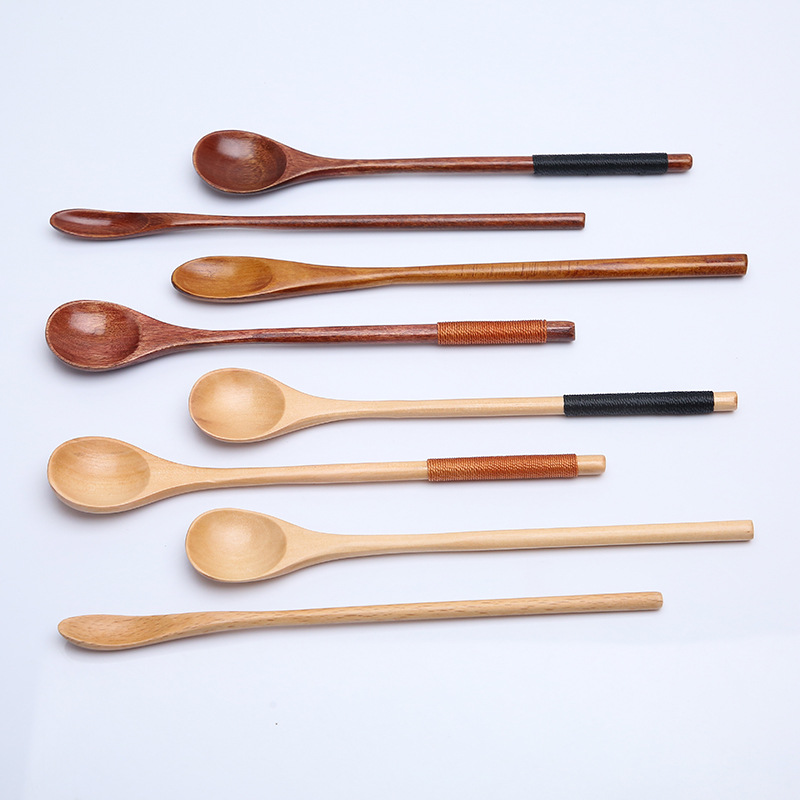 Estilo japonés bobinado mango largo cuchara de madera pintura grande café leche té miel mezcla cuchara vajilla de madera cuchara de sopa imprimible LOGO