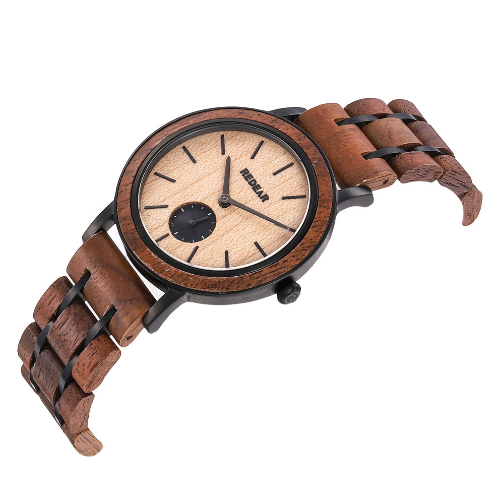 OEM定制不锈钢间胡桃木石英表 时尚休闲复古小三针男士木质腕表