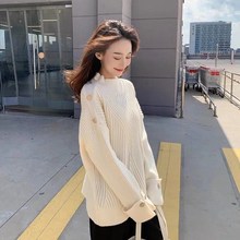 女装2020秋冬新款包臂毛衣女宽松针织衫套头长袖纯色纽扣打底外穿