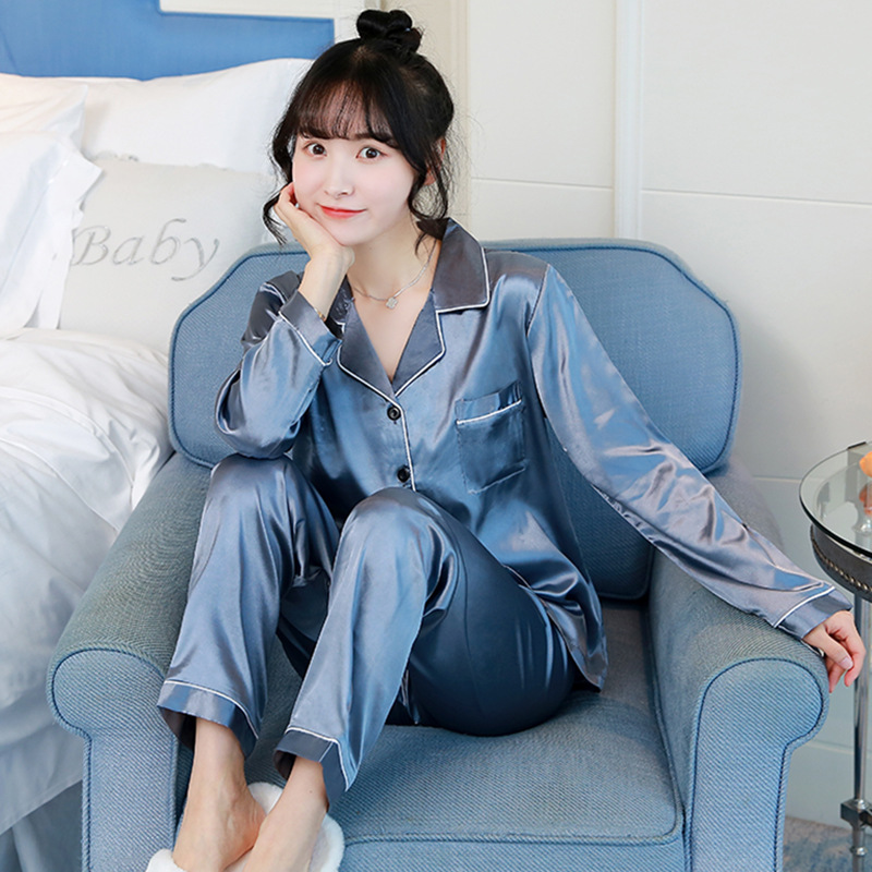 Pijamas de seda artificial Otoño de las mujeres de manga larga de seda de hielo de dos piezas de estilo coreano casual cardigan pijamas de seda se pueden usar fuera de casa