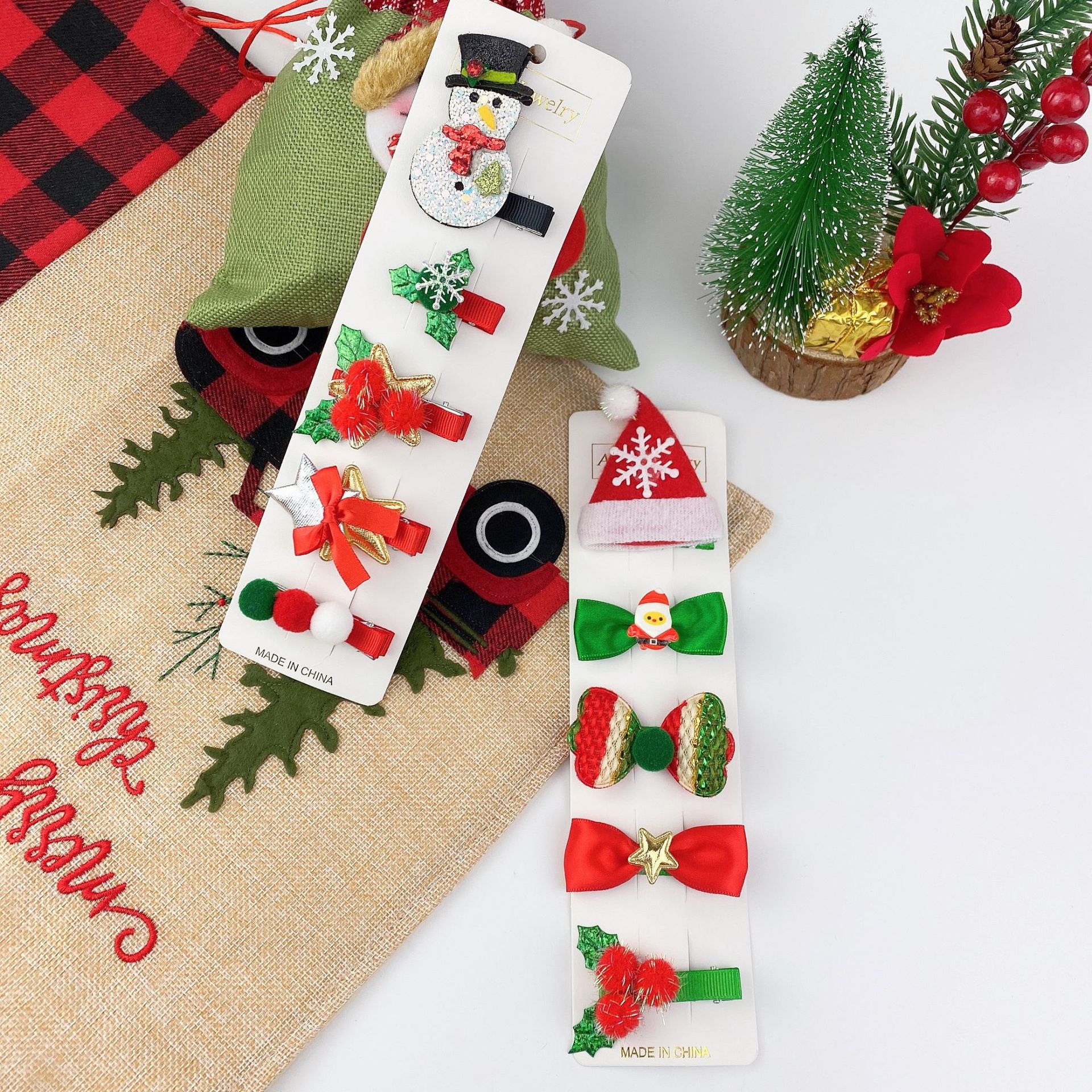 Cute Christmas Snowman Bow Tree Hairpin 5 Piece Set display picture 3