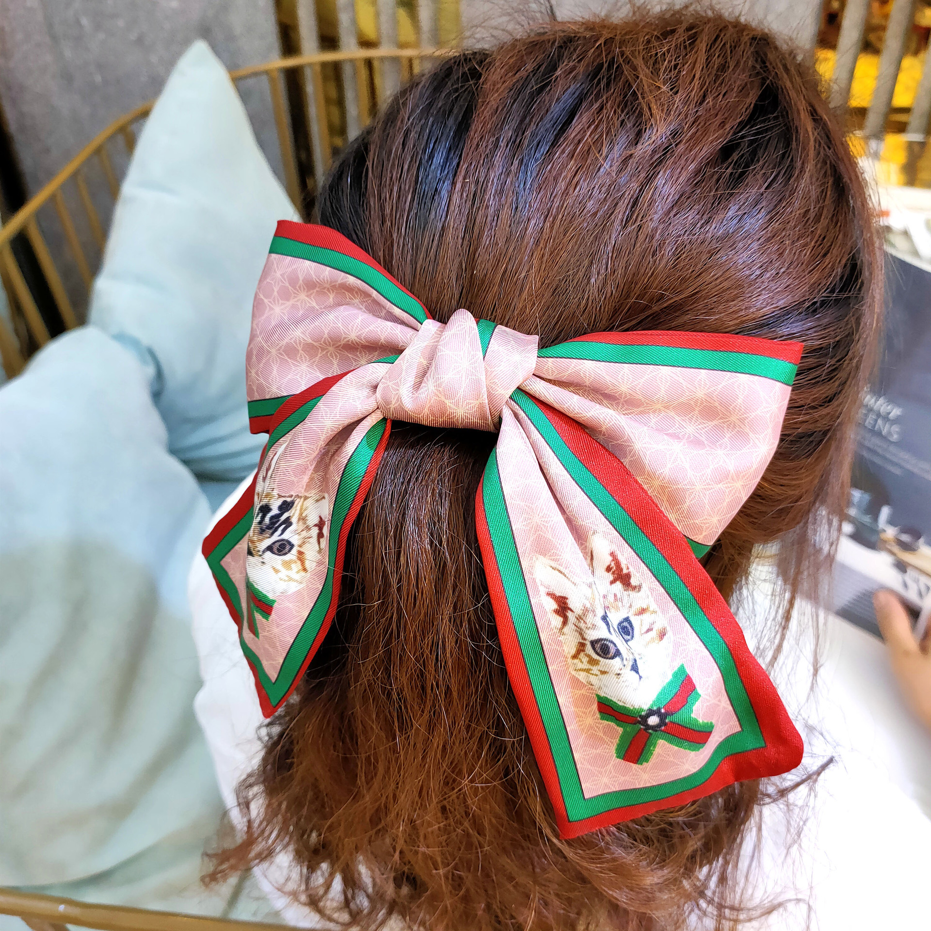 Korean Kitty Big Bow Hair Band Retro Silk Hairpin Stripe Printing Headband Wholesale Nihaojewelry display picture 23