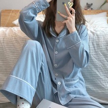 新款天空蓝简约翻领可可爱爱口袋秋冬睡衣居家服女