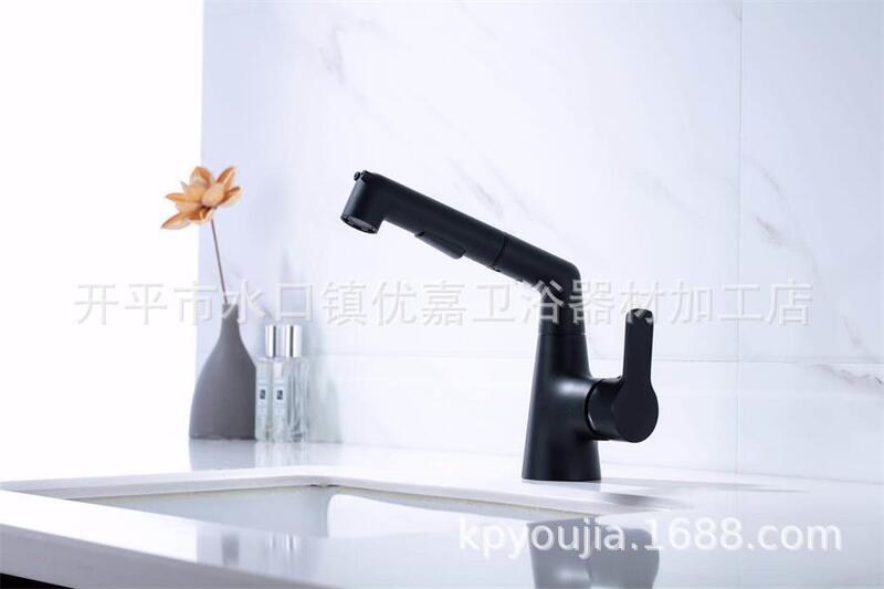 Kaiping Youjia Bathroom Matte Black Hot and Cold Faucet Two-Function Water Outlet Basin Rotating Pull-Out Faucet 30318
