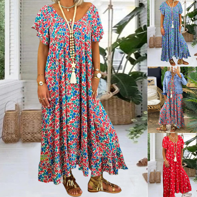 Cross border 2020 summer new Amazon hot selling European and American loose large long printed bohemian dress