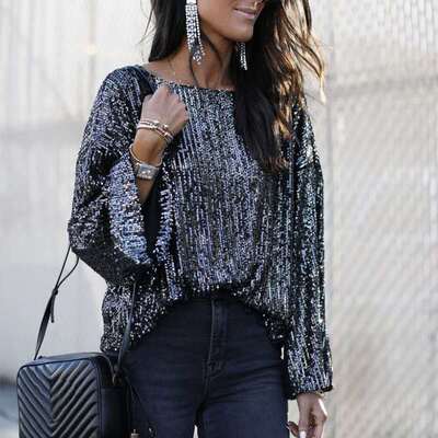 欧美2020秋冬季宽松圆领上衣珠片亮片长袖T恤女装|ru