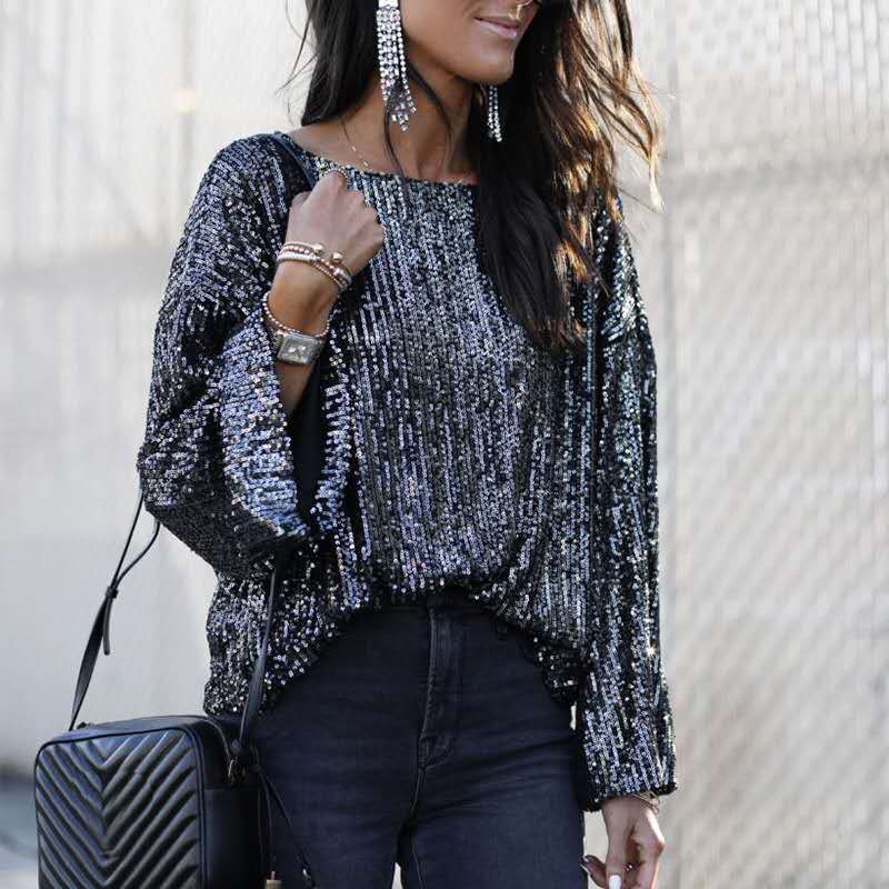 欧美2020秋冬季宽松圆领上衣珠片亮片长袖T恤女装|ru