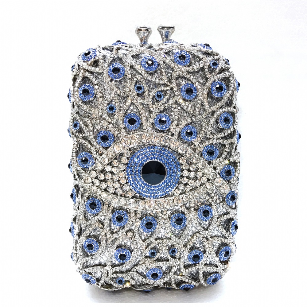 Túi clutch dạ hội đính đá pha lê kim loại rỗng kiểu dọc — Màu xanh lam, Vàng/Xanh đậm AB mắt, Màu bạc, Vàng/Con công xanh AB mắt chi tiết 9