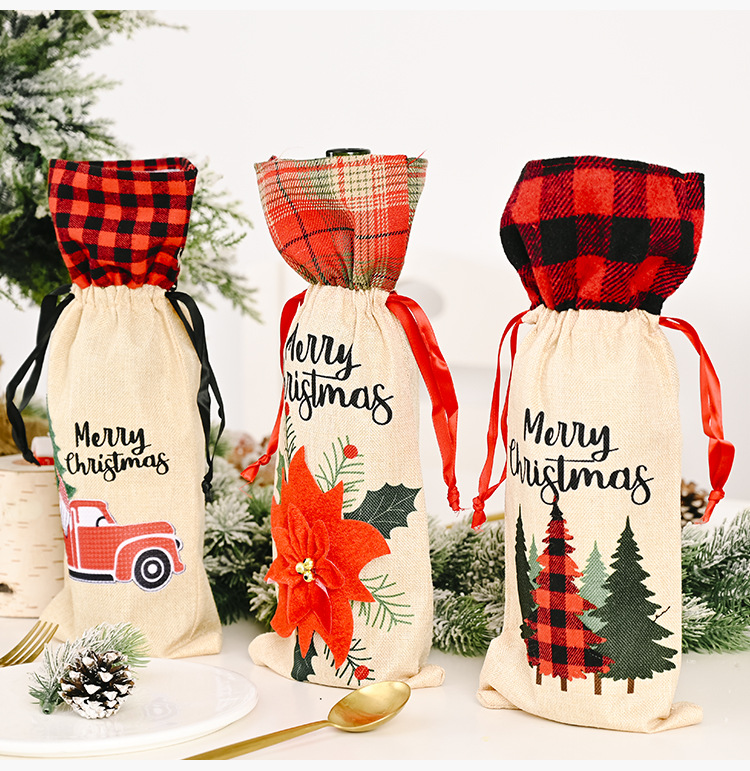 Christmas Linen Wine Bottle Cover Red Flower Wine Cover Lattice Car Wine Bottle Bag display picture 7