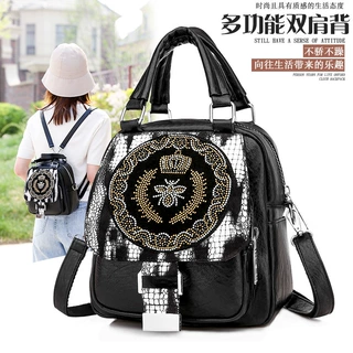 跨境镶钻多功能单肩手提斜挎包女时尚个性潮双肩包女水洗皮四用包