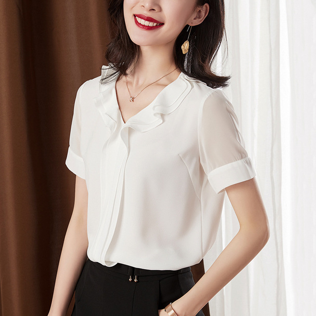 Summer white small shirt show thin Pullover fashion wave Ruffle design sense Short Sleeve Chiffon shirt woman