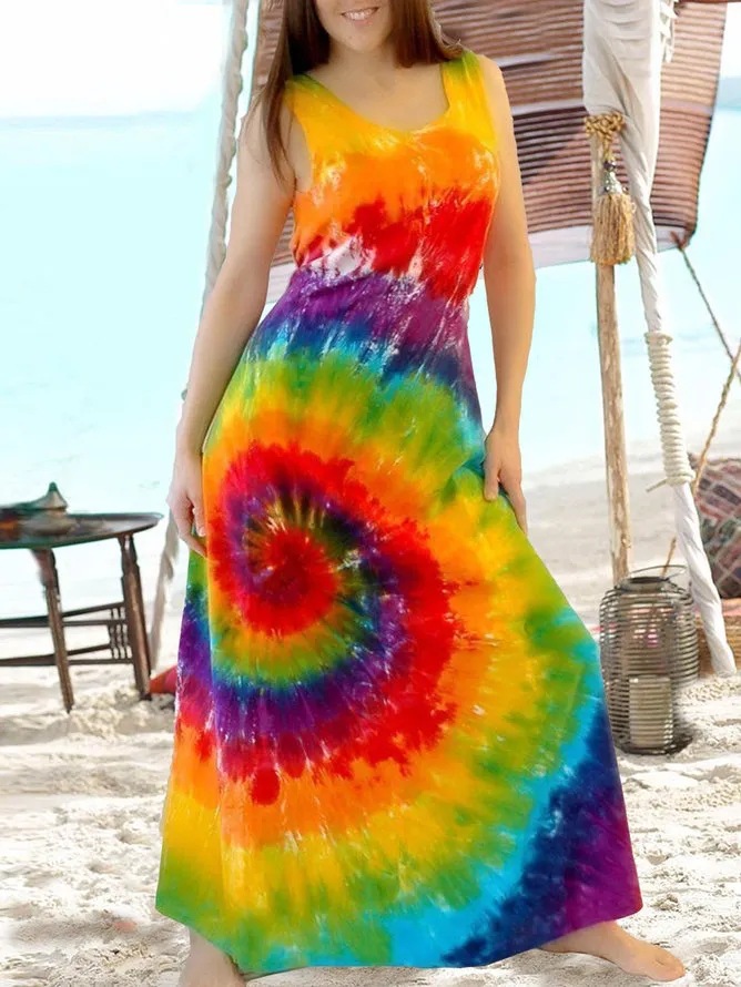 亚马逊跨境热销女装印花沙滩裙波西米亚无袖长款A字连衣裙长裙