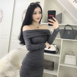 Straight neck low cut off shoulder slim fit pleated hip skirt with bottoming skirt long sleeve dress