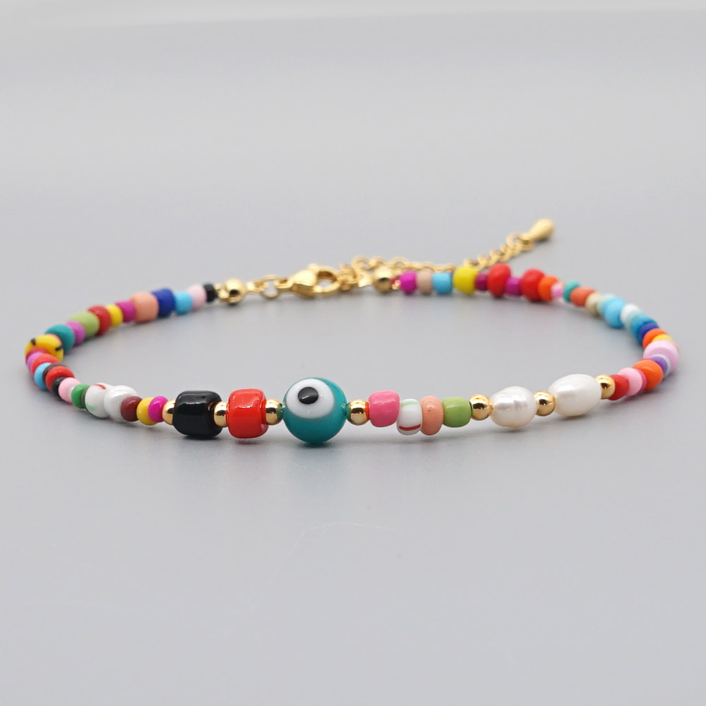 Bohemian Ethnic Style Eye Beads Rainbow Rice Beads Baroque Natural Freshwater Pearl Anklet Women display picture 15