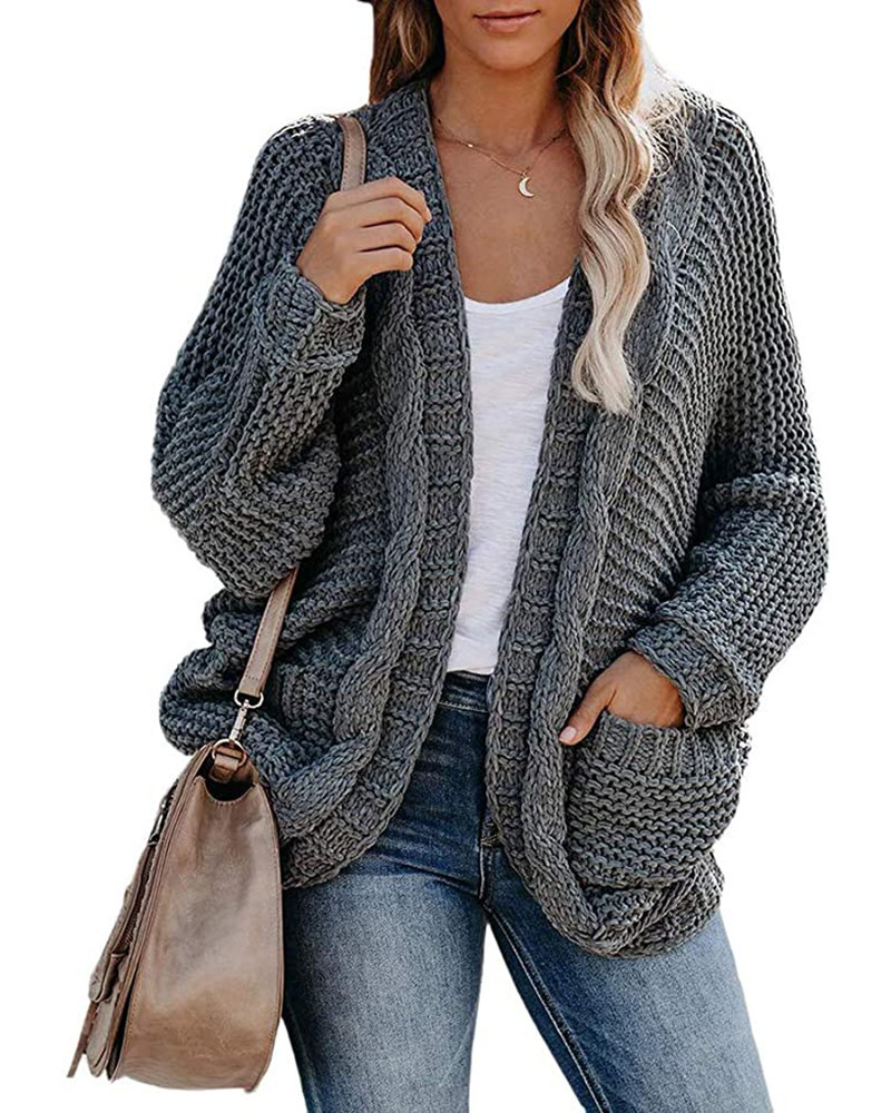 120351亚马逊爆款粗线扭绳麻花双口袋开衫毛衣