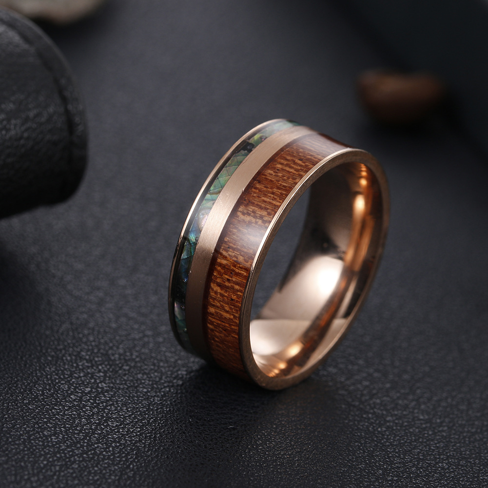 Cross-border 8mm Wide Acacia Wood Plus Abalone Shell Titanium Steel Ring Standard Jewelry Wholesale display picture 4