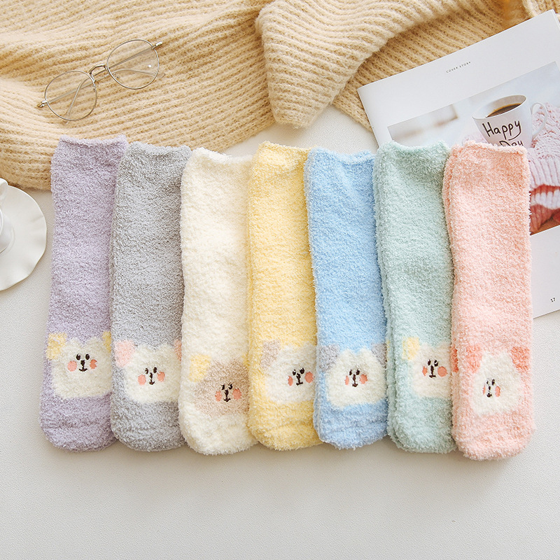 Embroidery Cartoon dog Little Bear Solid Coral Home Floor socks sleep Half of cashmere Medium hose Manufactor wholesale