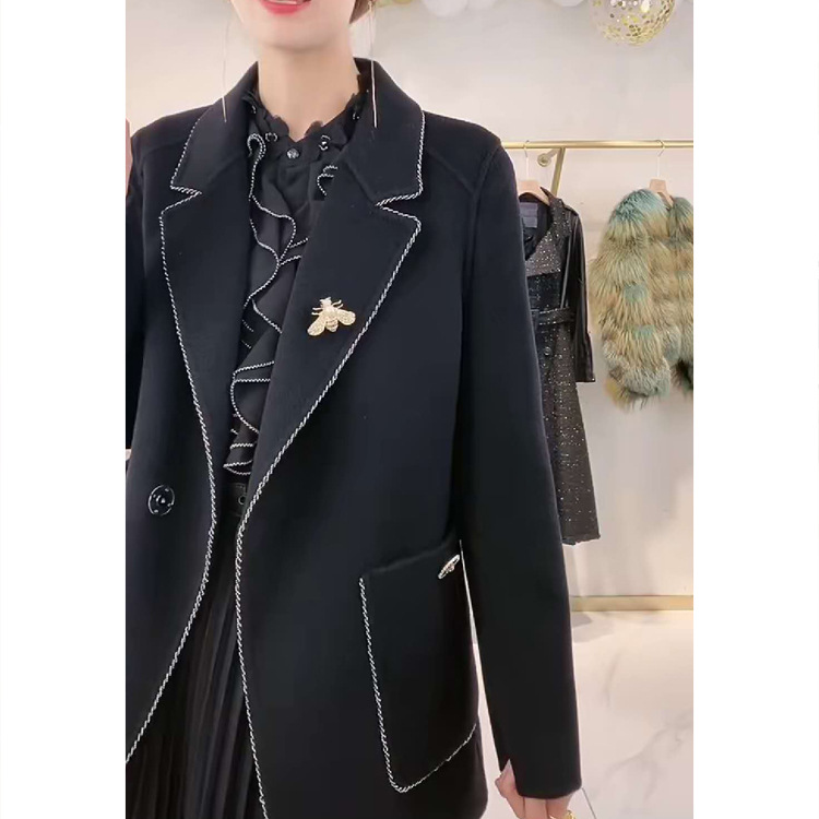 气质淑女2020手工毛呢大衣女士毛呢西装黑色外套女秋冬女装新款|ms