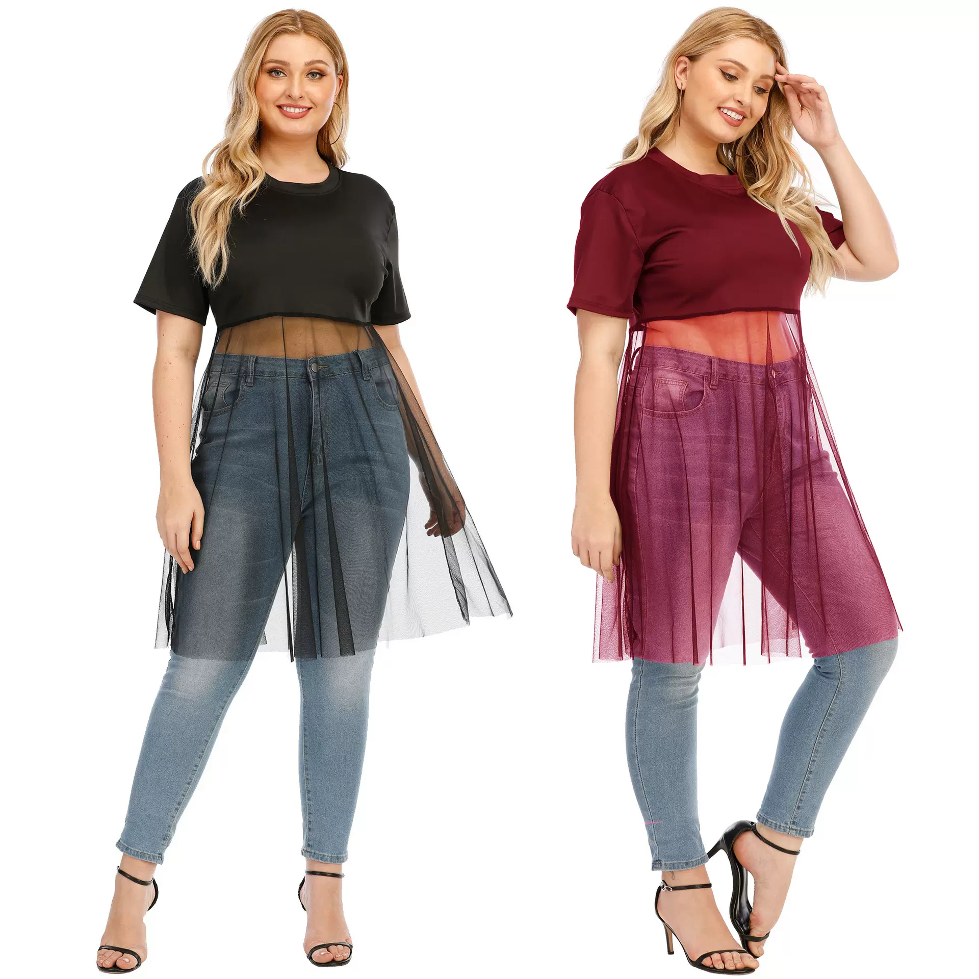 跨境大码女装性感透视网纱拼接短袖圆领时尚T恤上衣F191207