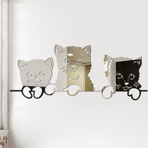 Three Kity Cats Mirror Wall Sticker 3D Stereo Non-toxic Eco-friendly Decor 70cmX28.5cm with Self-adhesive Backing