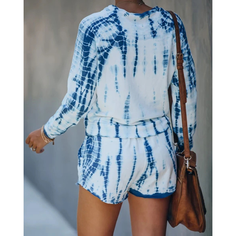 new women's tie-dye printing casual long-sleeved shorts suit home service NSKX5978