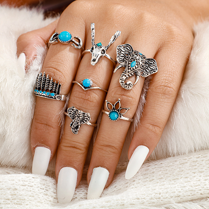 New Jewelry Animal Deer Head Elephant Ring 7 Piece Feather Moon Turquoise Ring Set display picture 3
