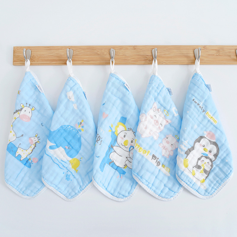 Blue background parent-child printed square six-layer high density newborn baby bubble cotton yarn baby face towel children's square