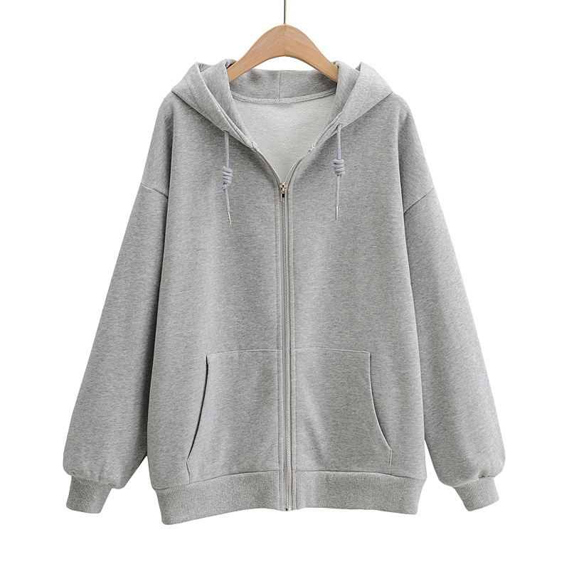 loose zipper solid color hooded sweatershirt NSAC21595