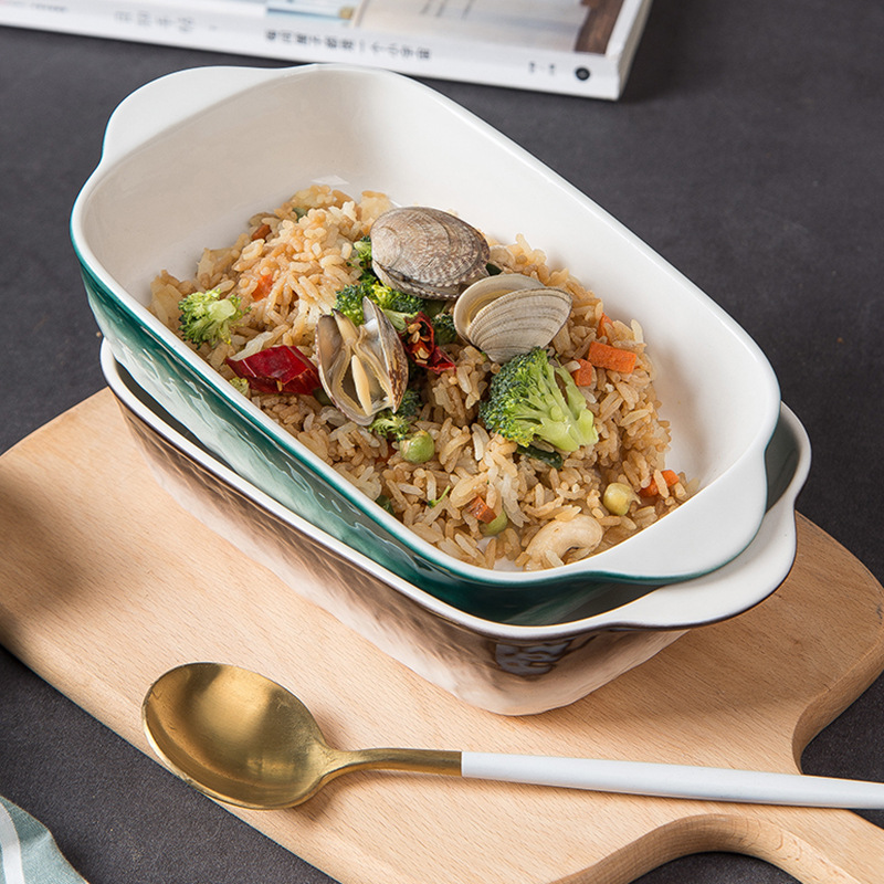 Nordic simple vajilla de cerámica cuenco cuadrado personalizado al horno tazón de arroz hogar pan para hornear horno binaural placa rectangular