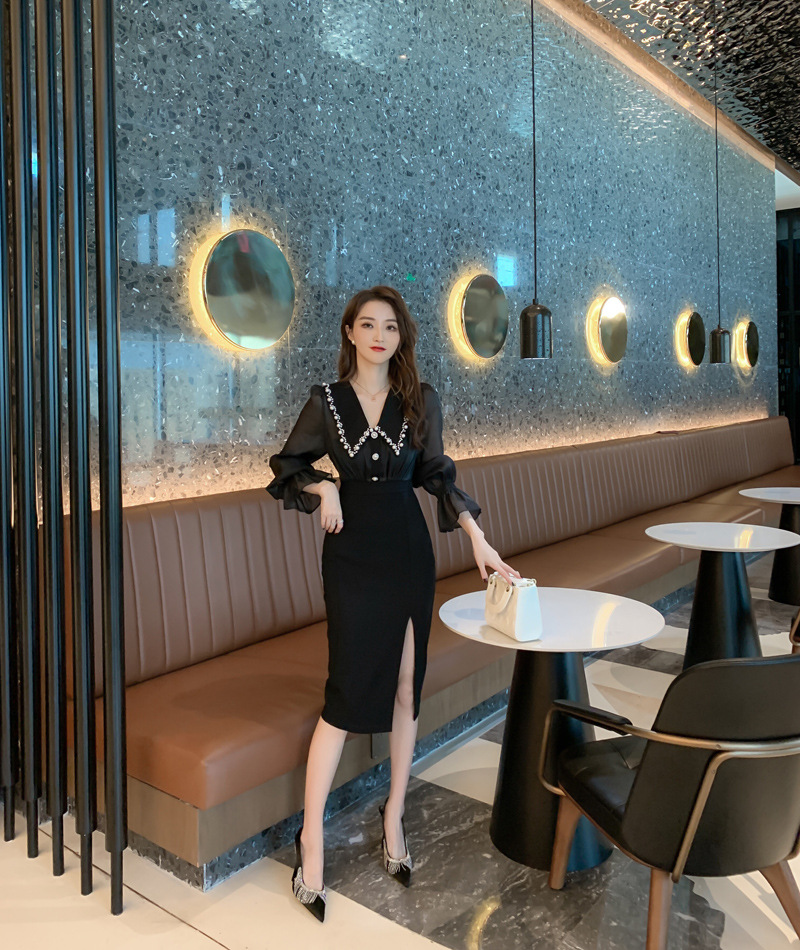 Đầm liền dài tay cổ búp bê xẻ tà ôm eo kiểu Pháp — Màu đen chi tiết 12
